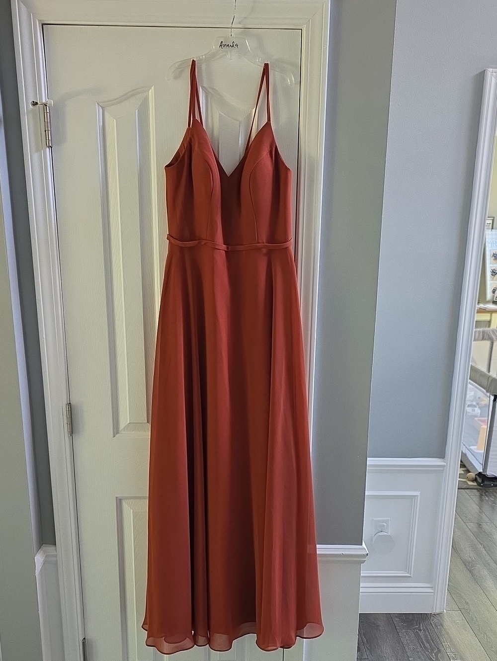 Azazie Rust Red Spaghetti-Strap V-Neck A-Line Maxi Dress